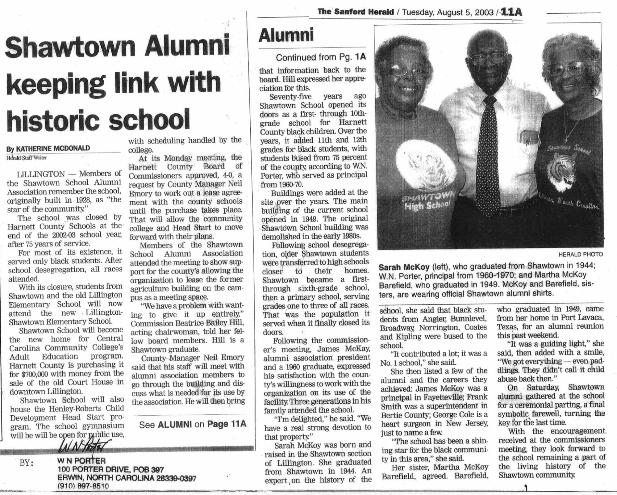 Newspaper article about the Shawtown Alumni