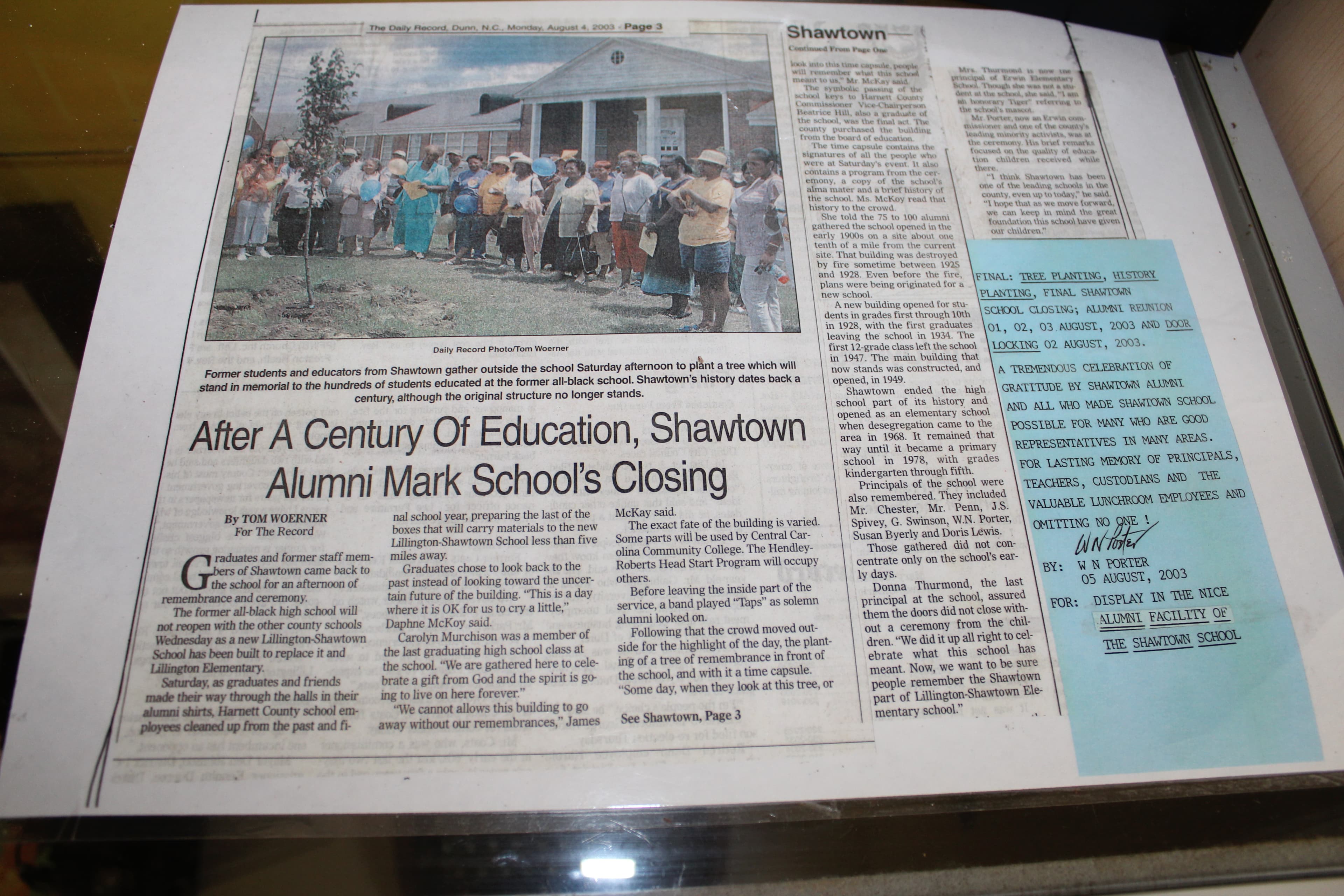 The Daily Record newspaper with headline "After a Century of Education, Shawtown Alumni Mark School's Closing"