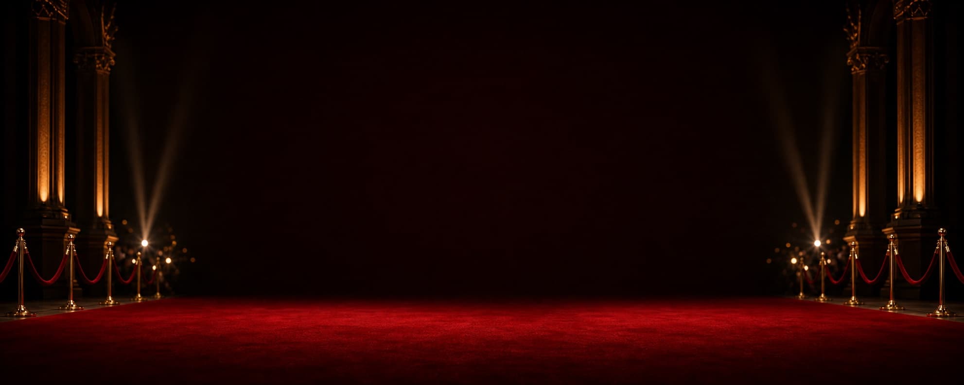 Red carpet flanked by velvet ropes and spotlights